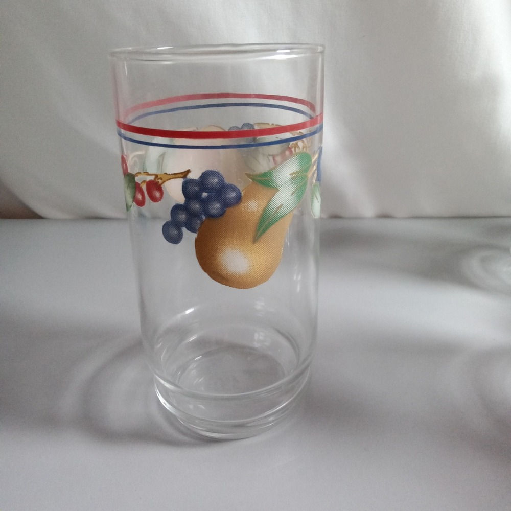 Vintage Fruit Motif Drinking Glass Pear Grapes Cherries Red Blue Stripe 5.5in